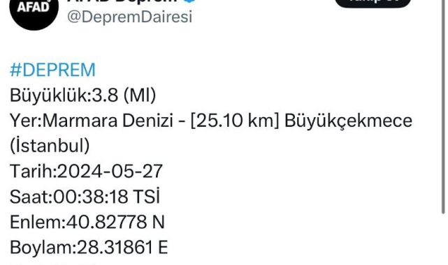 AFAD: Büyükçekmece'nin 25.10 kilometre açığında, Marmara Denizi'nde saat 00.38'de 3,8 büyüklüğünde deprem meydana geldi