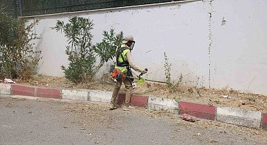 Okul bahçelerinde ot biçme çalışması yapılıyor