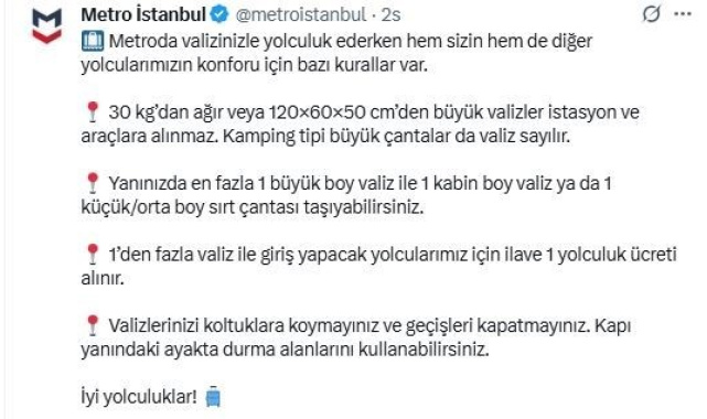 Metro İstanbul'da "valiz için ek ücret" dönemi