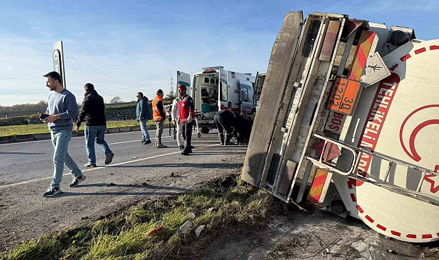 Kontrolden çıkan tanker yan yattı: 1 yaralı