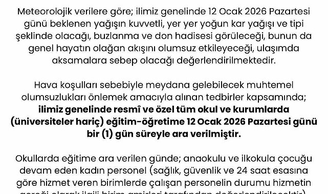 Sakarya'da eğitime kar tatili