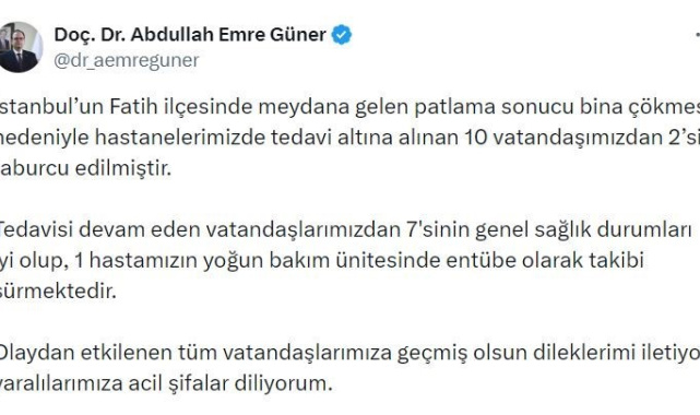 İstanbul İl Sağlık Müdürü Doç. Dr. Abdullah Emre Güner: "Tedavi altına alınan 10 vatandaşımızdan 2'si taburcu edilmiştir"