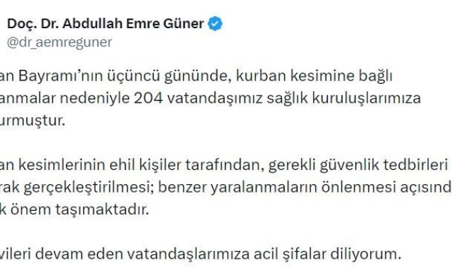 İstanbul İl Sağlık Müdürü Güner: "Kurban Bayramı'nın üçüncü gününde 204 kişi yaralandı"