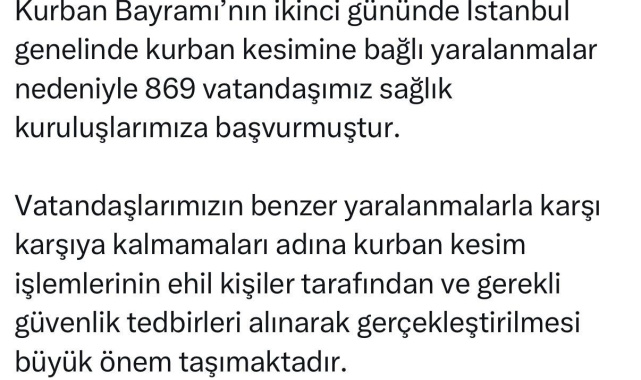 İstanbul İl Sağlık Müdürü Güner: "Kurban kesimine bağlı 869 vatandaşımız sağlık kuruluşlarımıza başvurmuştur"