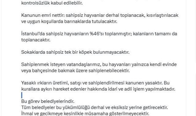 İstanbul Valisi Davut Gül: "Sahipsiz hayvanların yüzde 46'sı toplanmıştır; kalanların tamamı da toplanacaktır"