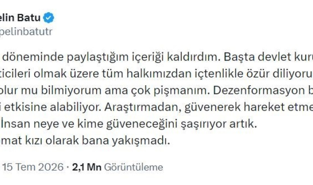 Deprem zamanında "Devlet yoktu" diye paylaşım yapan Pelin Batu özür diledi