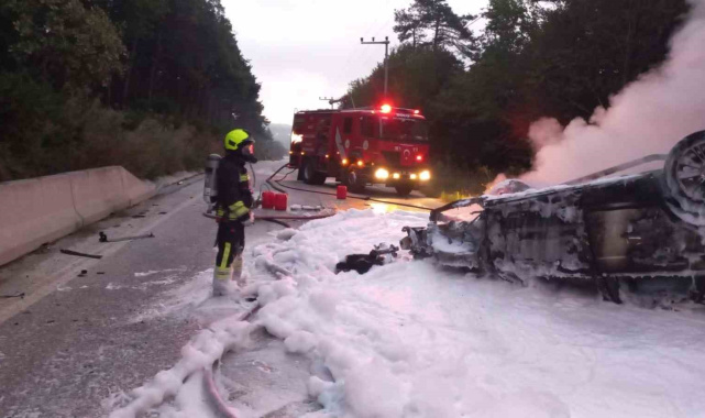 Bolu'da devrilen otomobil alev aldı: Sürücü yaralı