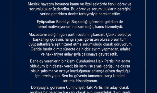 Eyüpsultan Belediye Başkanı Özmen, "Görevime CHP'nin seçilmiş bir belediye başkanı olarak devam edeceğim"