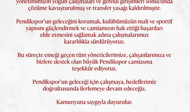 Pendikspor'un transfer yasağı kaldırıldı