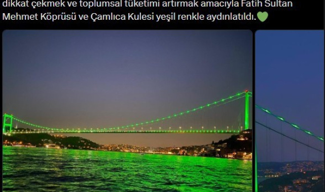 Fatih Sultan Mehmet Köprüsü ve Çamlıca Kulesi yeşil ışıklar ile aydınlatıldı